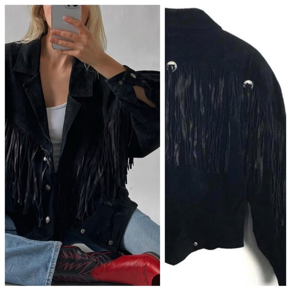 Boho Wester Suede Jacket Black Fringe Bomber Leather Whimsigoth Goth Rock Grunge - Picture 11 of 11